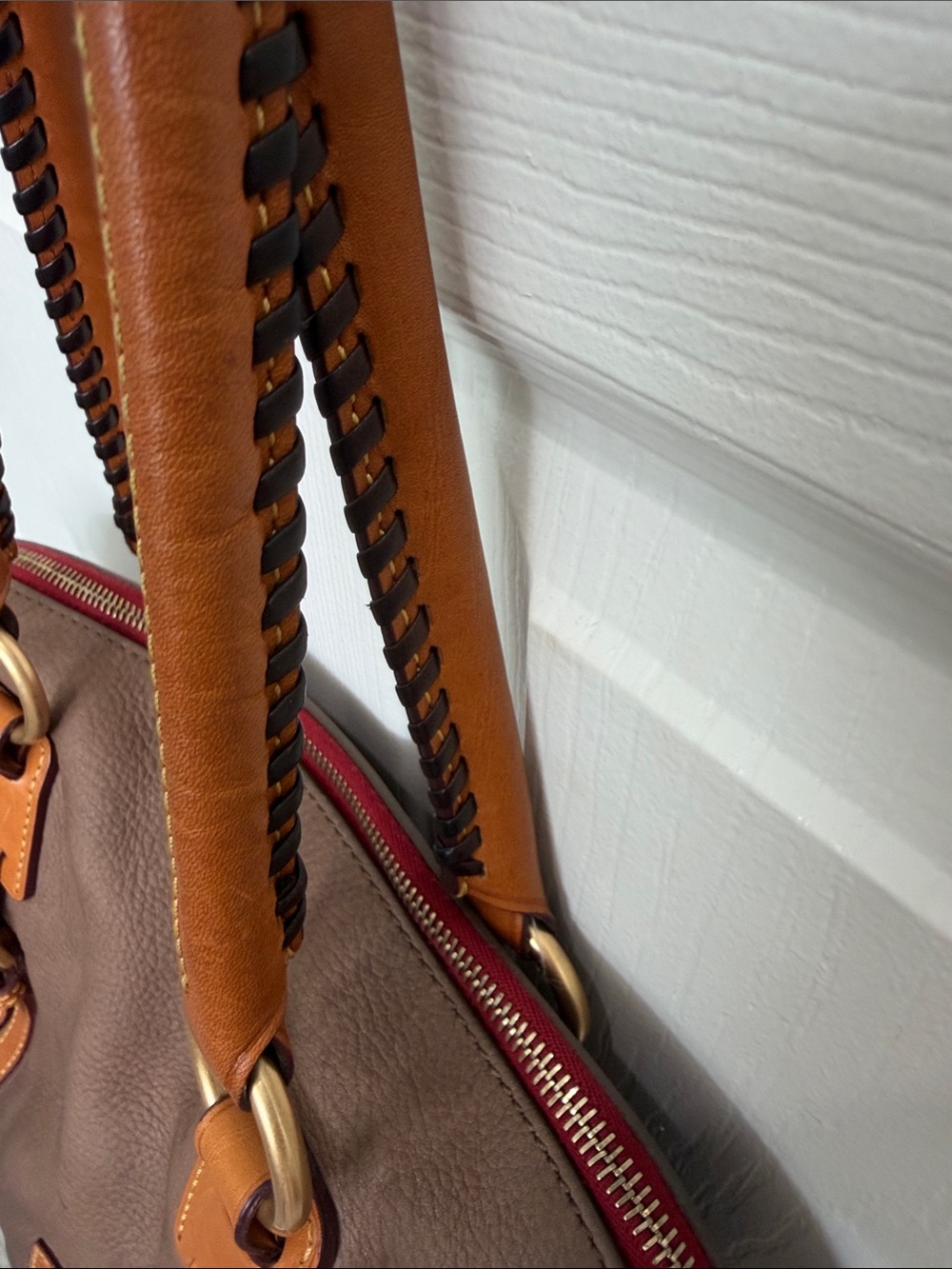 Dooney and Bourne Brown Leather Satchel with Tan Trim - Women's Handbag - Picture 5 of 14